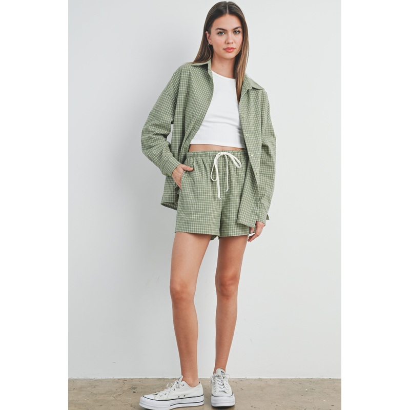 Olive Checker Plaid Drawstring Shorts