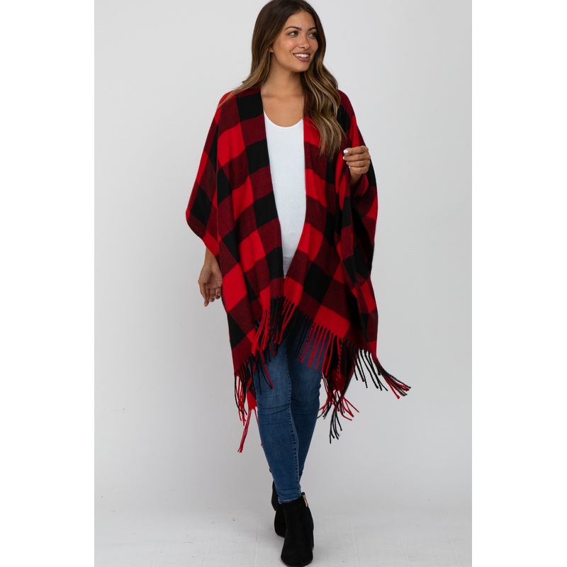 Red Plaid Fringe Maternity Poncho