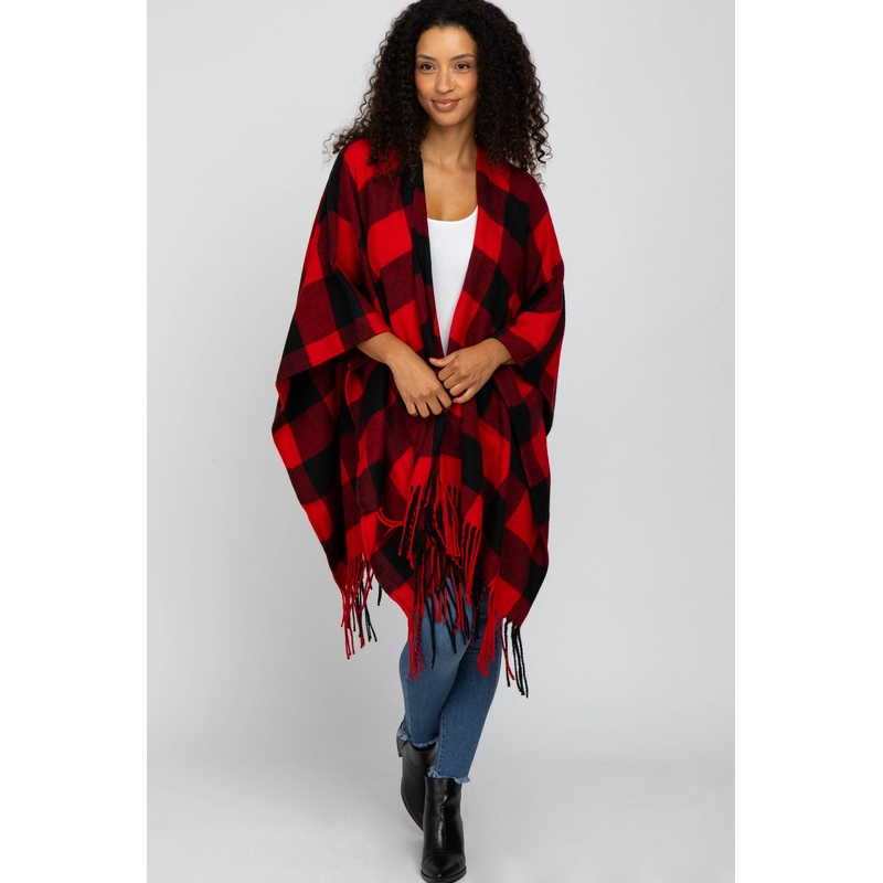 Red Plaid Fringe Poncho