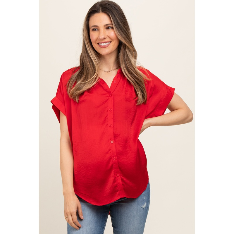 Red Satin Button Front Collared Short Sleeve Maternity Top