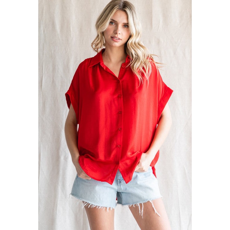 Red Satin Button Front Collared Short Sleeve Top