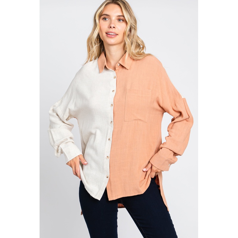 Rust Color Block Button Up Linen Top