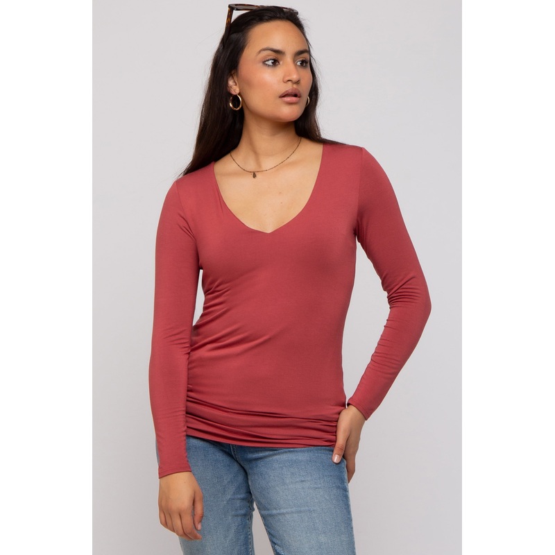 Rust V-Neck Long Sleeve Top