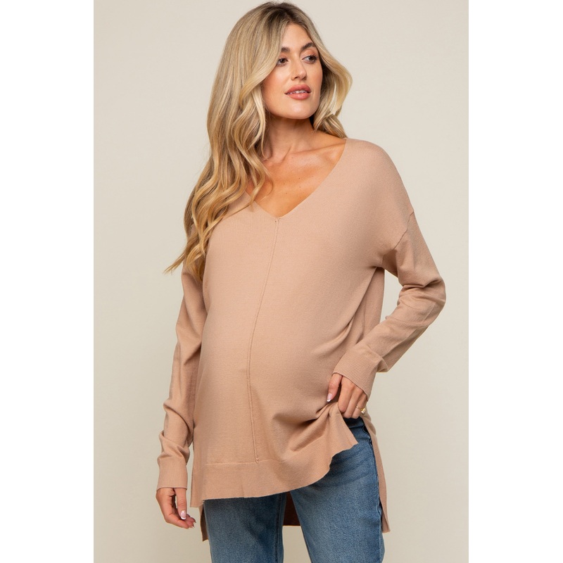 Taupe Oversized Knit Side Slit Maternity Top