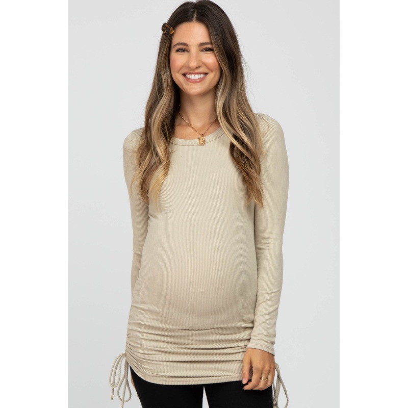 Taupe Ribbed Ruched Tie Maternity Top