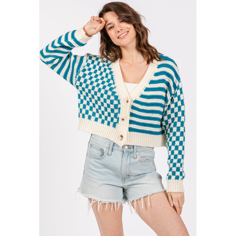 Teal Checker Stripe Button Up Cardigan