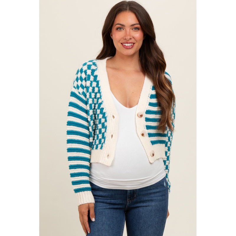 Teal Checker Stripe Button Up Maternity Cardigan