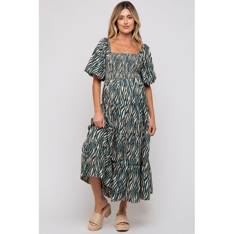 Teal Printed Smocked Maternity Maxi Dress