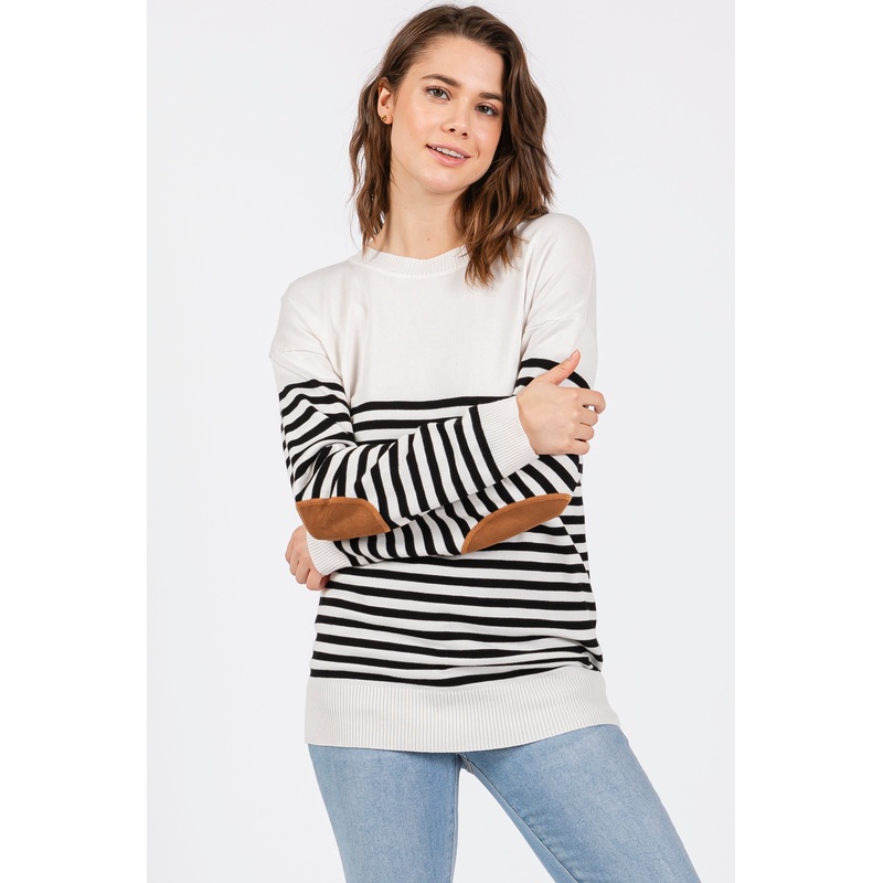 White Striped Elbow Patch Knit Sweater