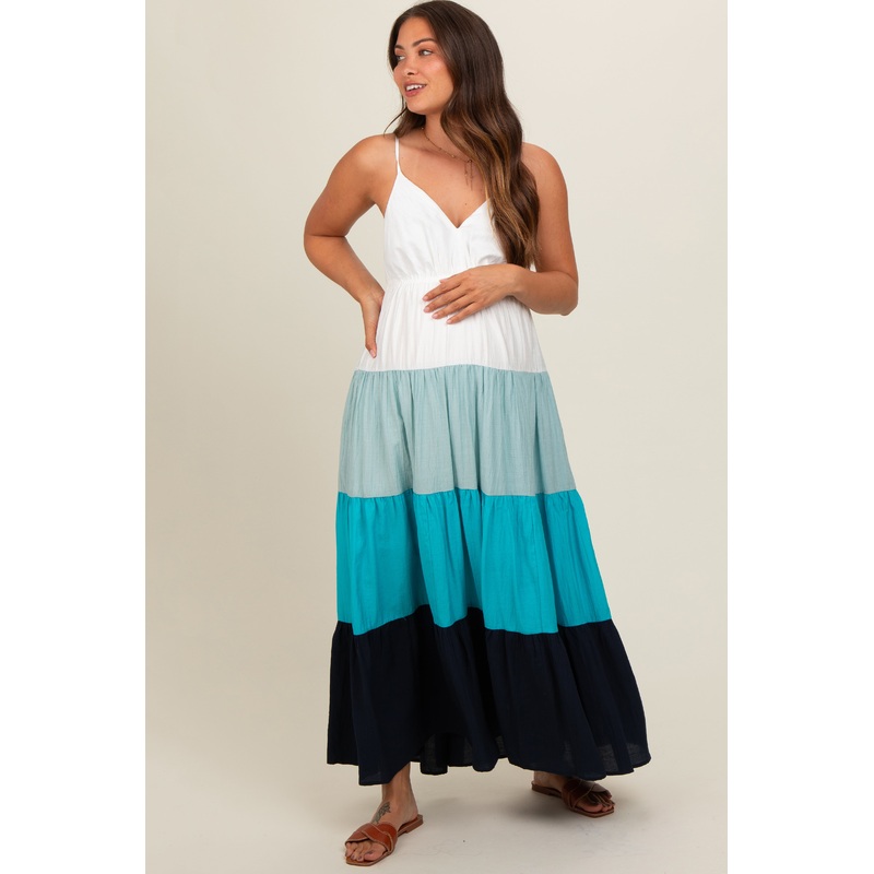 Aqua V-Neck Tiered Color Block Maternity Midi Dress