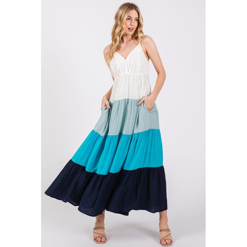 Aqua V-Neck Tiered Color Block Midi Dress