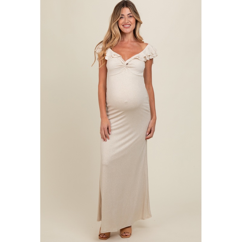 Beige Glitter Sweetheart Neck Ruffle Off Shoulder Maternity Maxi Dress