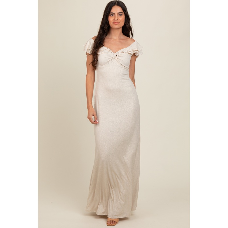 Beige Glitter Sweetheart Neck Ruffle Off Shoulder Maxi Dress