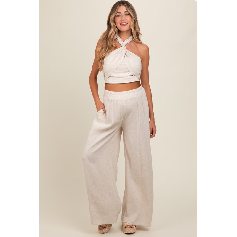 Beige Linen Smocked Top and Pants Maternity Set