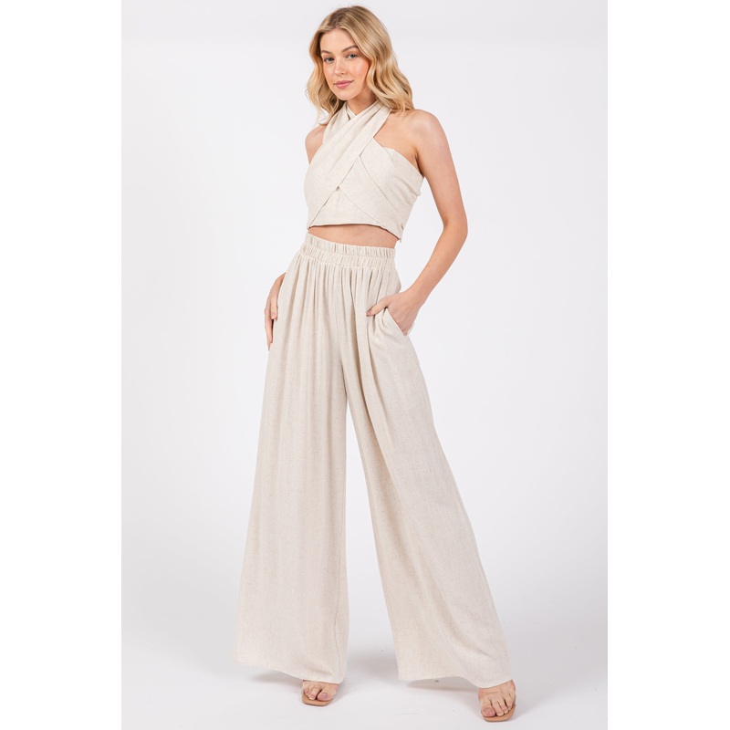 Beige Linen Smocked Top and Pants Set