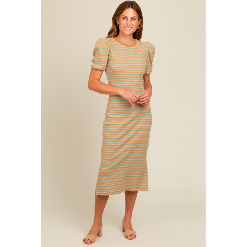 Beige Multi Striped Puff Sleeve Midi Dress