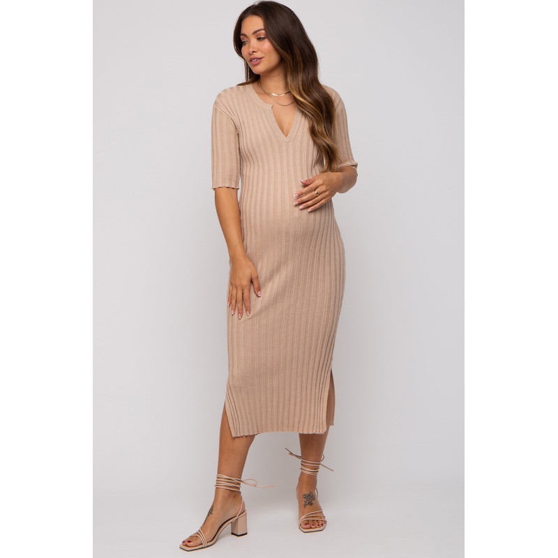 Beige Ribbed Knit Maternity Midi Dress