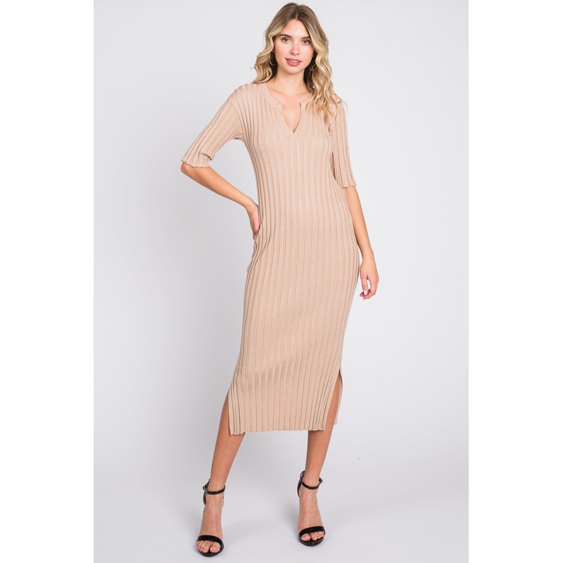 Beige Ribbed Knit Midi Dress