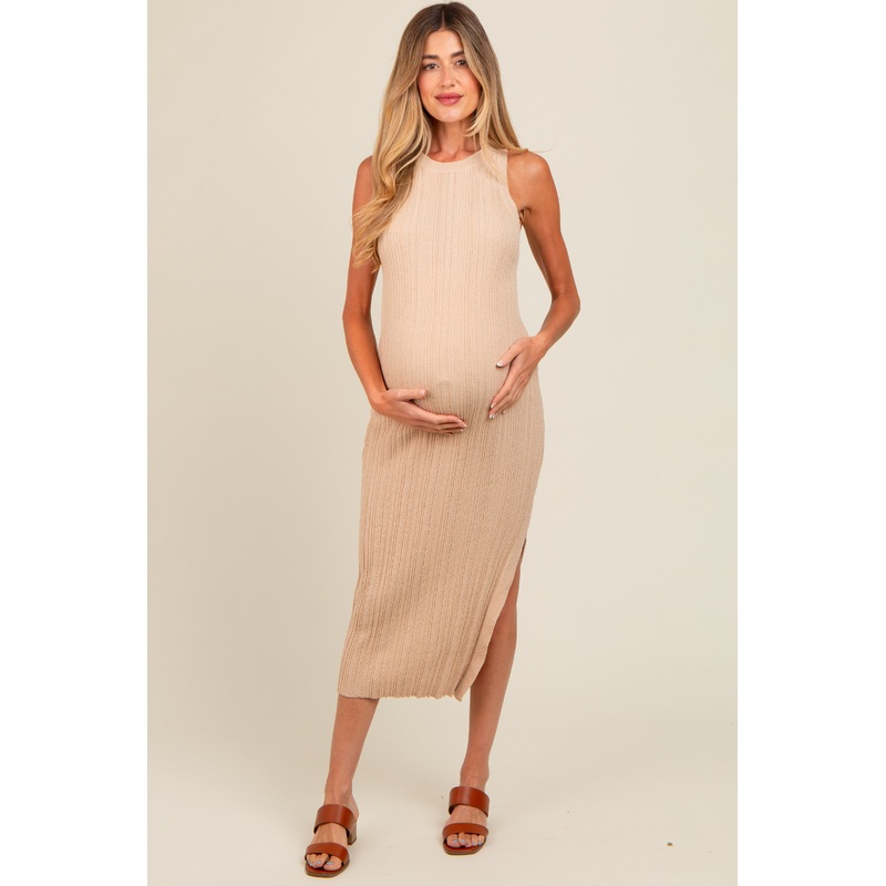 Beige Ribbed Side Slit Sleeveless Maternity Midi Dress