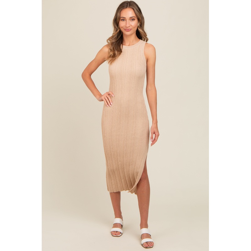 Beige Ribbed Side Slit Sleeveless Midi Dress