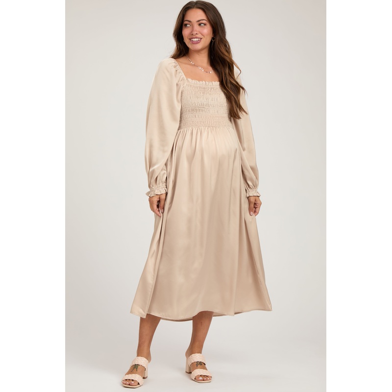 Beige Smocked Square Neck Satin Maternity Midi Dress