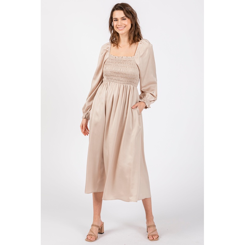 Beige Smocked Square Neck Satin Midi Dress