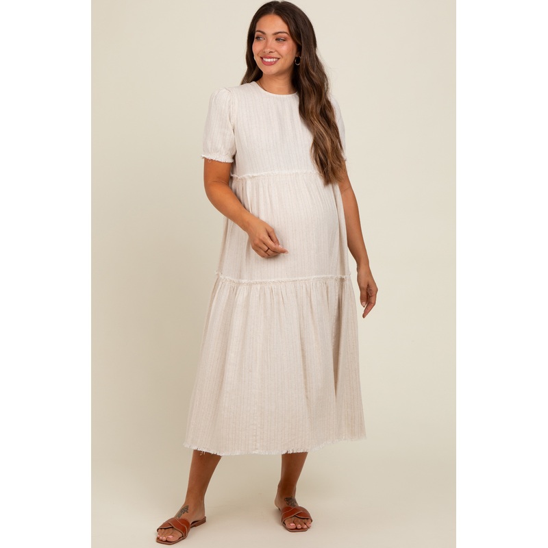 Beige Striped Fringe Accent Tiered Maternity Maxi Dress