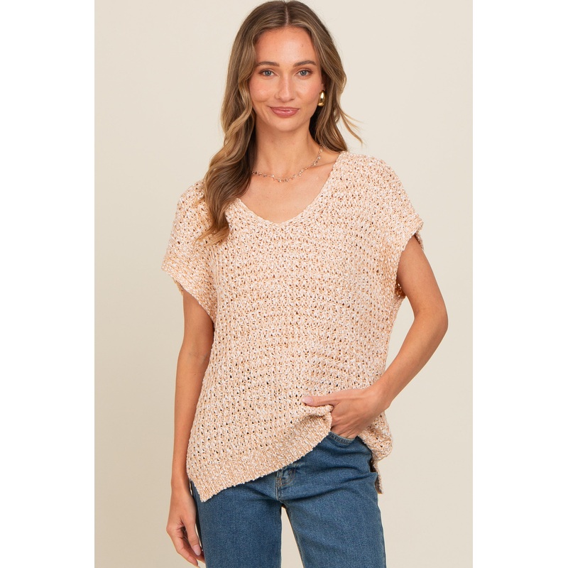 Beige V-Neck Sweater Top