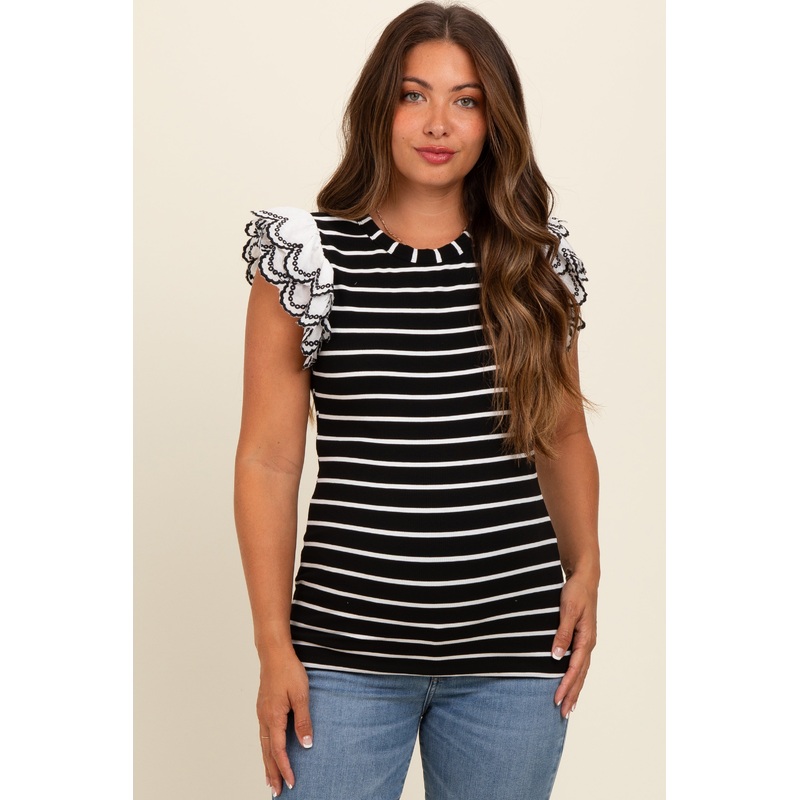 Black Ivory Striped Maternity Tunic with Lace Detailing