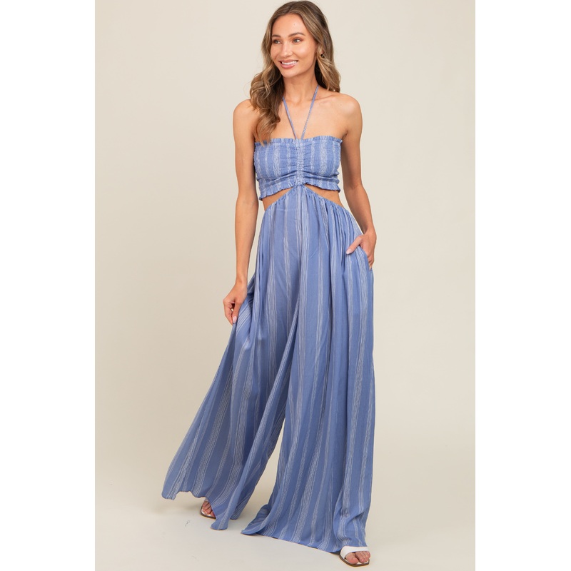 Blue Striped Cutout Halter Wide Leg Jumpsuit