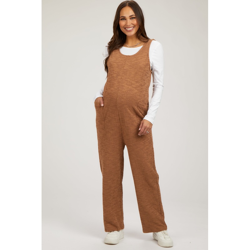 Camel Scoop Neck Sleeveless Maternity Jumpsuit
