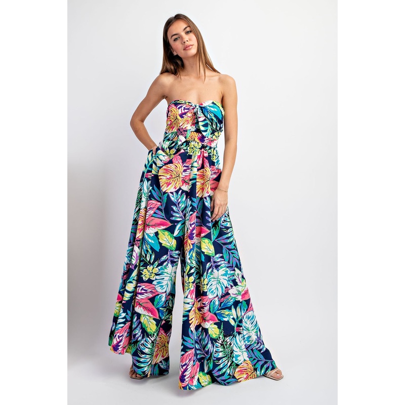 Navy Floral Strapless Front Tie Jumpsuit