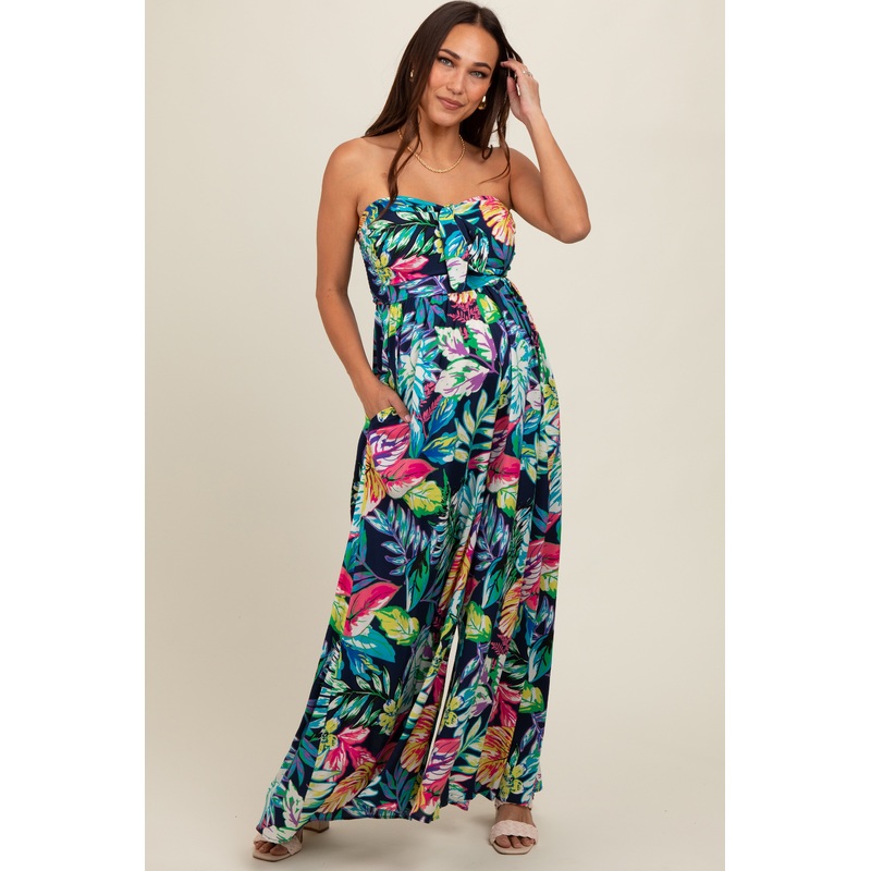 Navy Floral Strapless Front Tie Maternity Jumpsuit