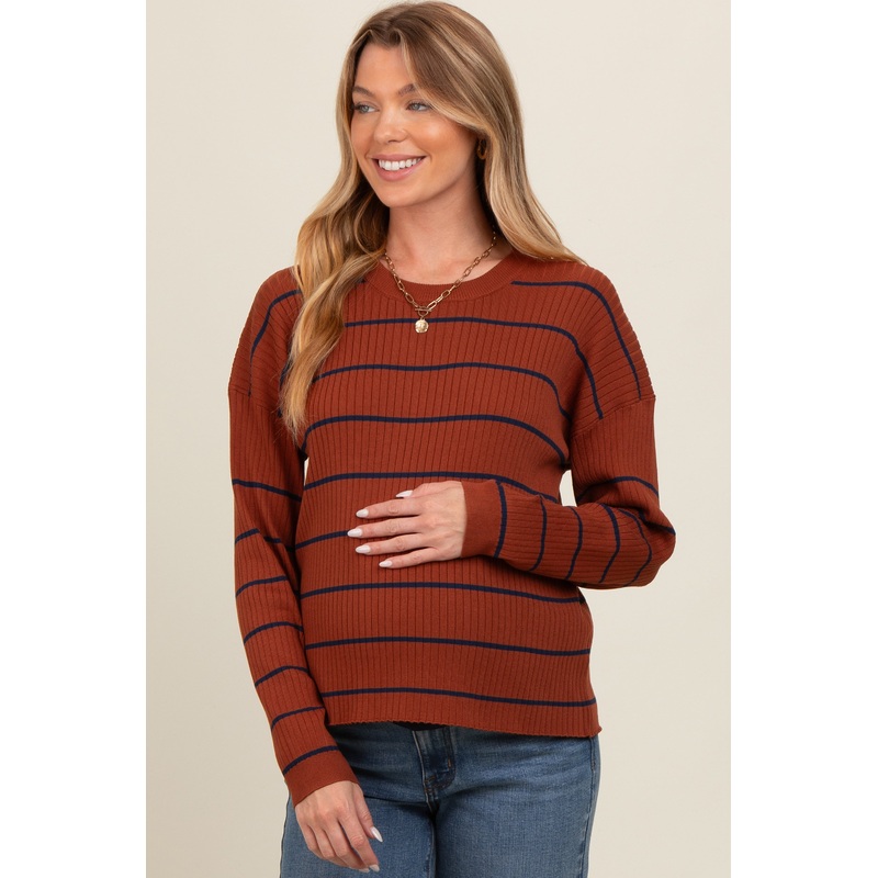 Rust Striped Ribbed Knit Long Sleeve Maternity Top