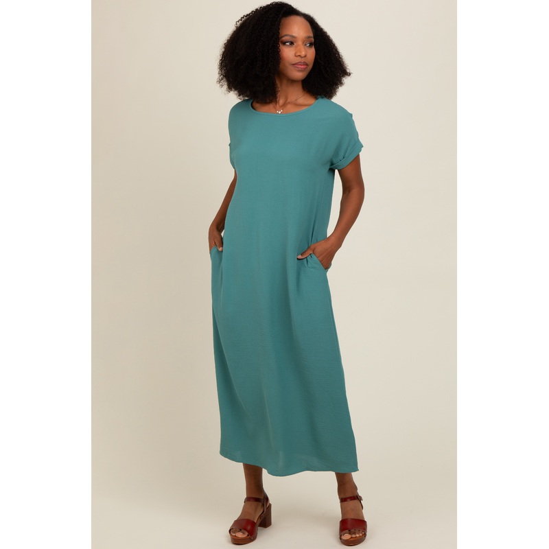 Teal Rolled Cuff Midi Dress