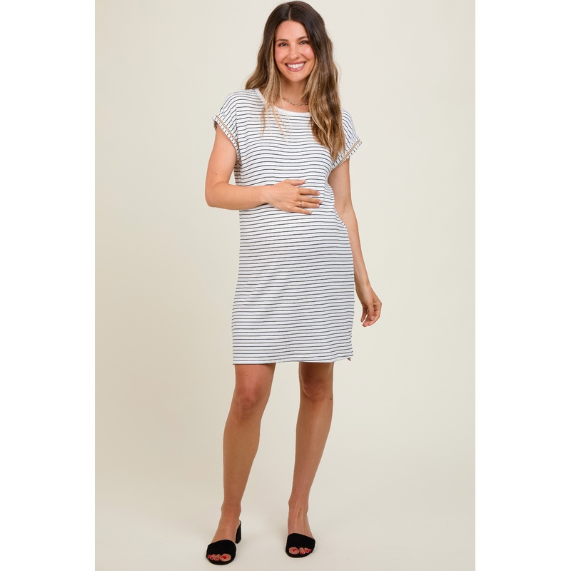 White Striped Maternity Side Slit Maternity T-Shirt Dress