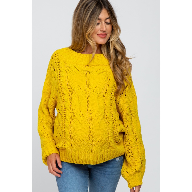 Yellow Cable Knit Off Shoulder Bubble Sleeve Maternity Sweater