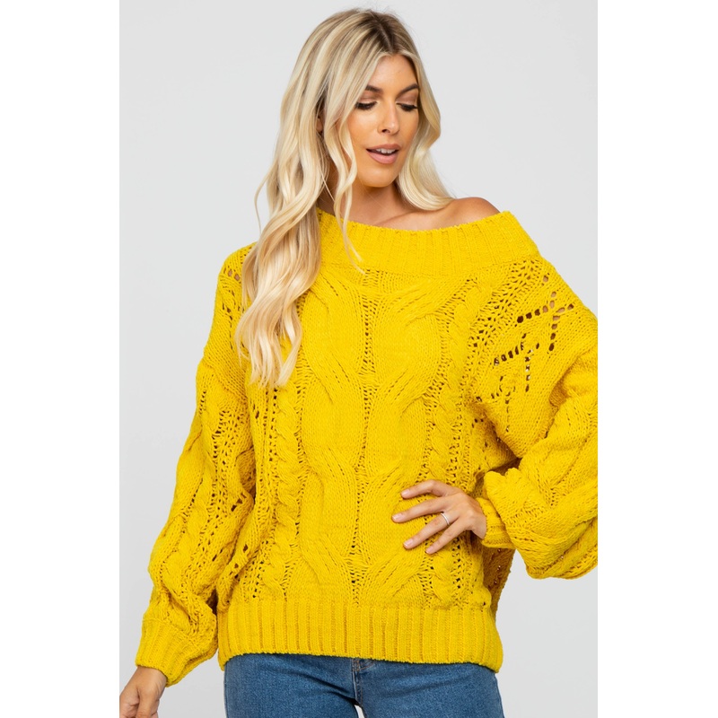 Yellow Cable Knit Off Shoulder Bubble Sleeve Sweater