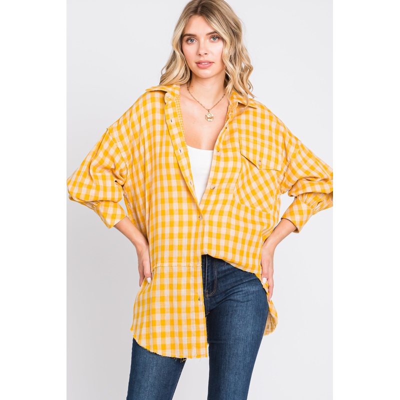 Yellow Mixed Plaid Fringe Button Down Top