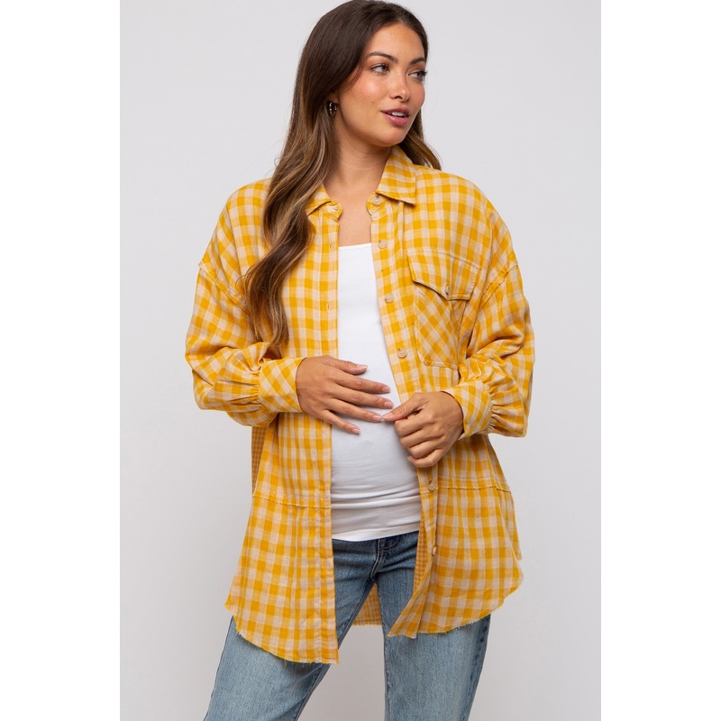 Yellow Mixed Plaid Fringe Maternity Button Down Top