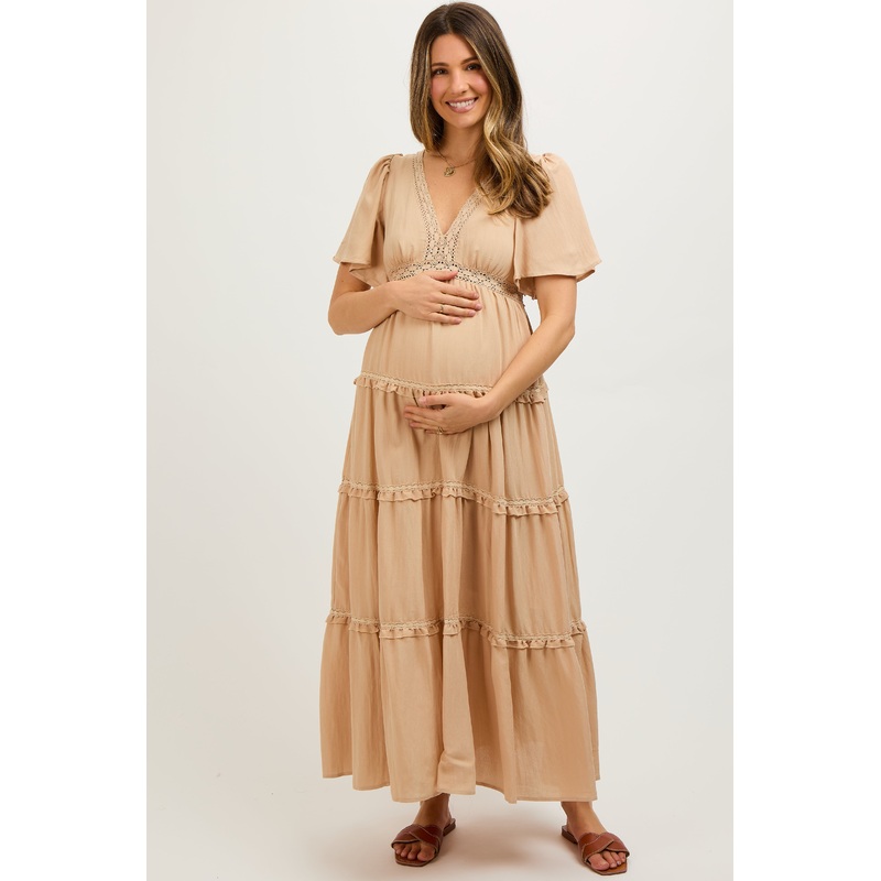 Beige Crochet Lace Tiered Maternity Maxi Dress
