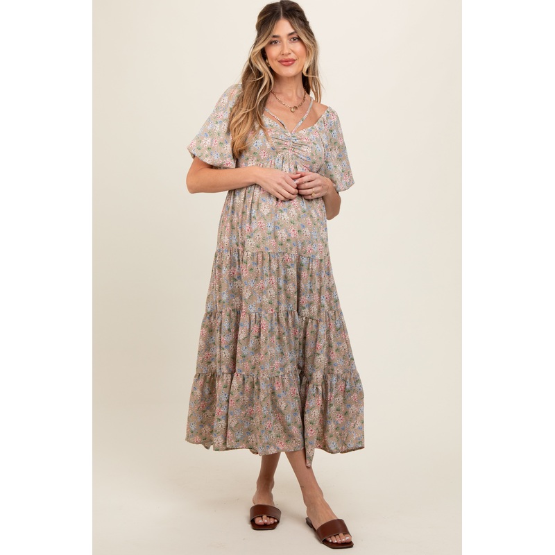 Beige Floral Ruched Strappy V-Neck Front Puff Short Sleeve Maternity Midi Dress