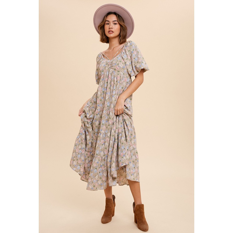 Beige Floral Ruched Strappy V-Neck Front Puff Short Sleeve Midi Dress