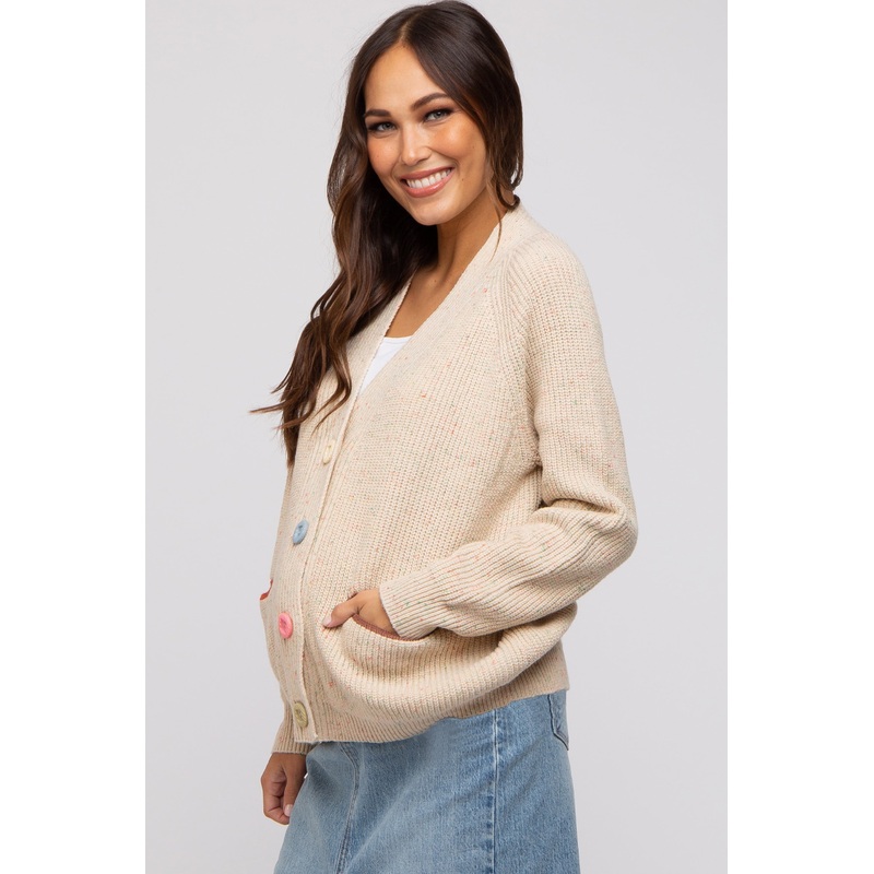 Beige Multi-Color Button Maternity Cardigan