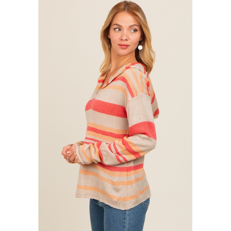 Beige Multi-Color Striped V-Neck Sweater