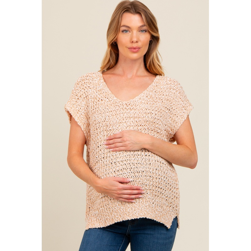 Beige V-Neck Sweater Maternity Top