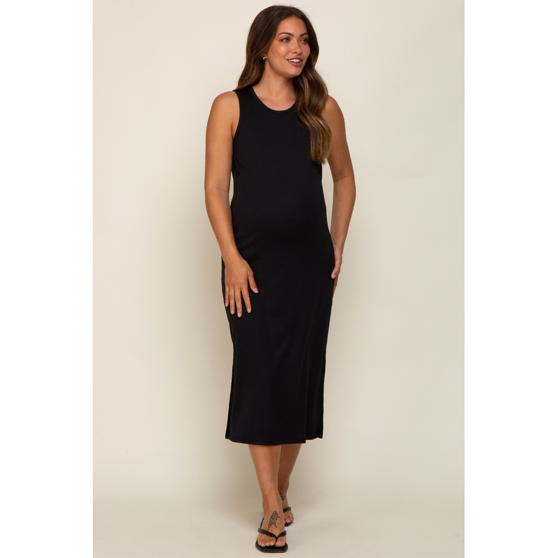 Black Basic Ribbed Side Slit Maternity Midi Dress