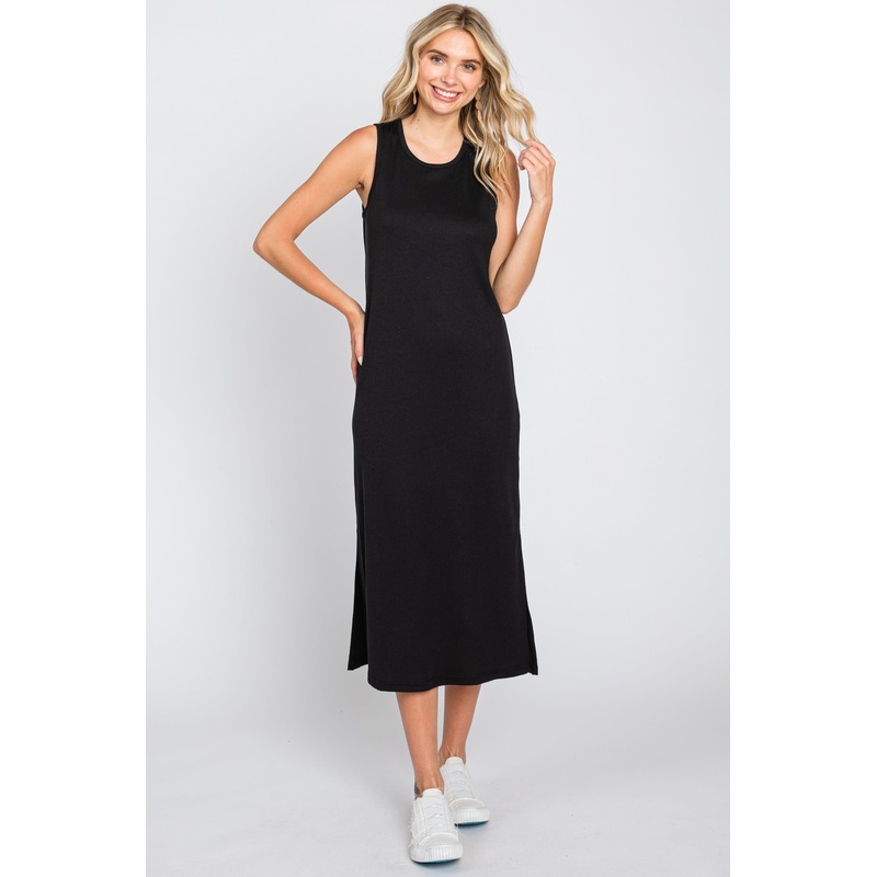 Black Basic Ribbed Side Slit Midi Dress