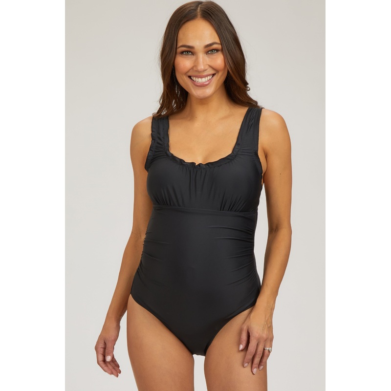Black Ruched Scalloped Maternity One Piece Swimsuit