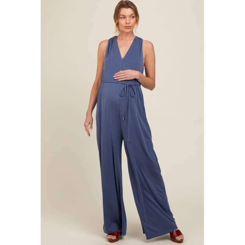 Blue Racerback Wide Leg Maternity Jumpsuit